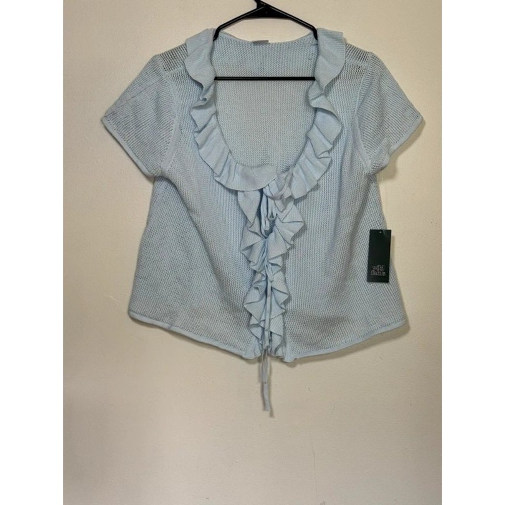 Wild Fable Womens 2X Light Blue Ruffle Trim Tie Front Short Sleeve Knit Cardigan